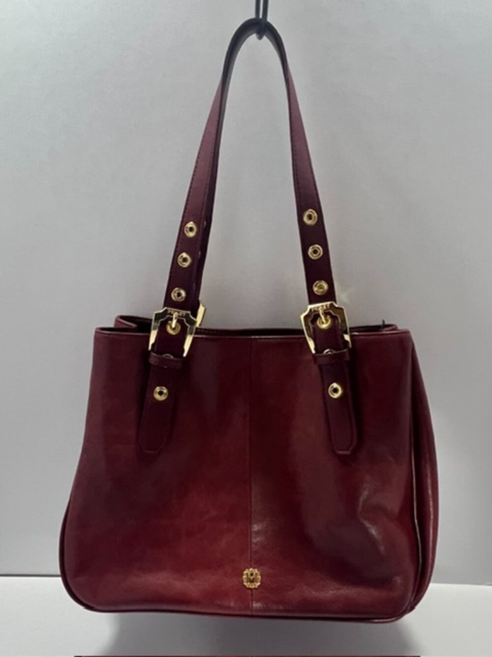 Monet Brand Leather Shoulder Bag Adjustable Straps with Gold Buckles Rich Brown